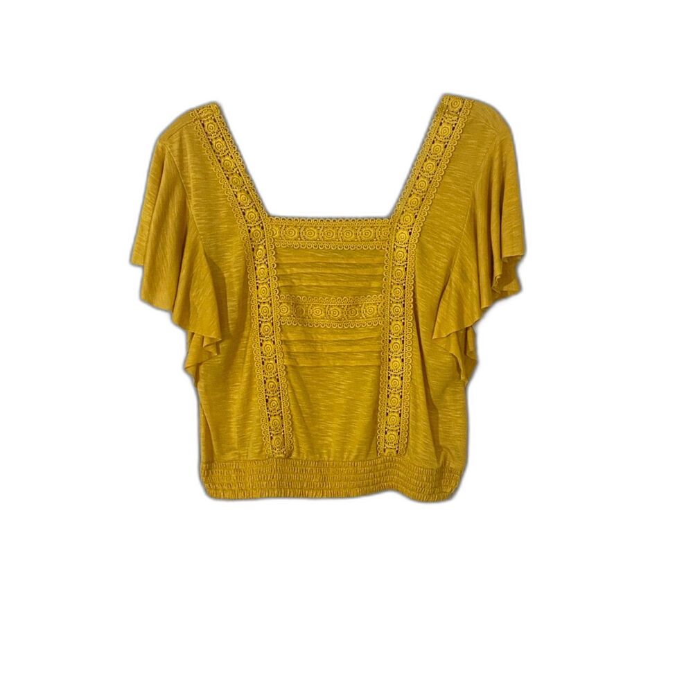 Miss Chievous Mustard Yellow Crochet Lace Flutter Sleeve Blouse Women's L